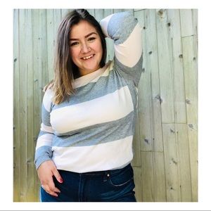 Fitted Striped Scoop Neck Sweater - Pink and Grey